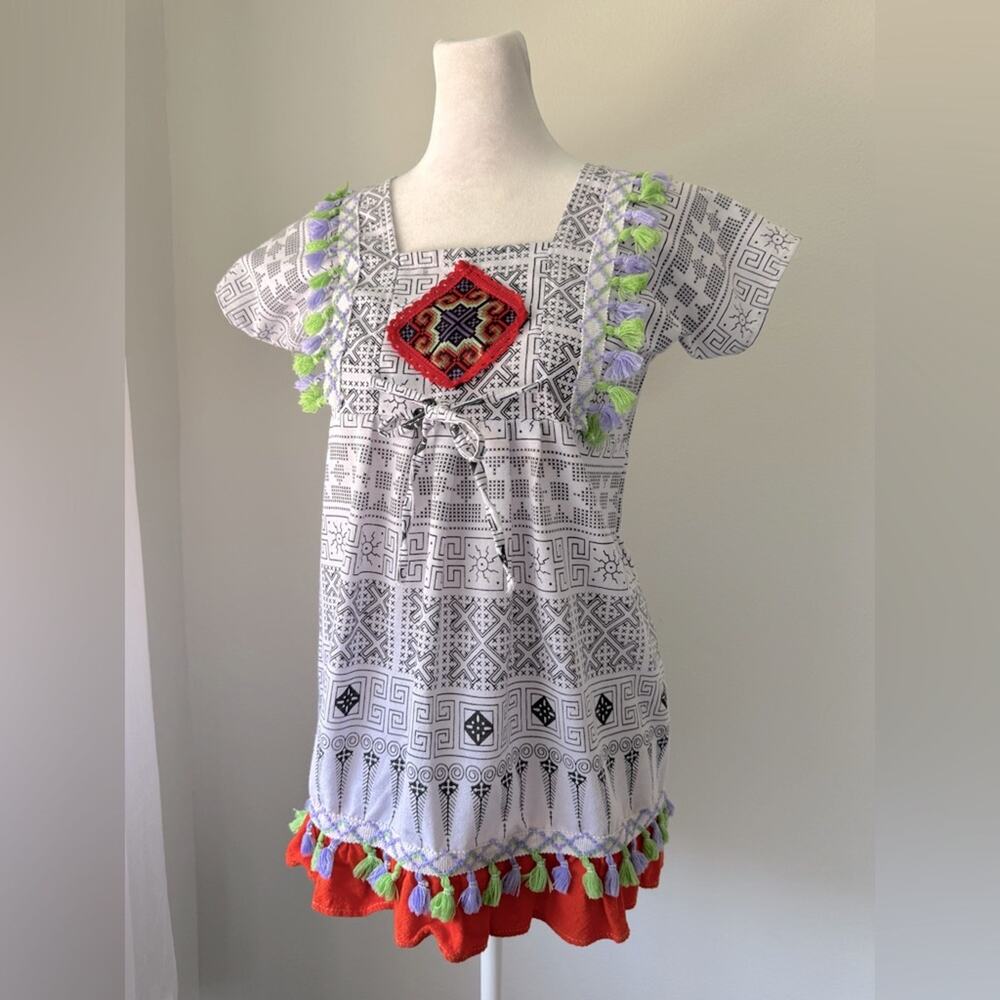 White & Black Tasseled Square Neck Short Sleeve Blouse Made in Thailand